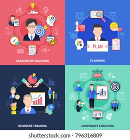 Coaching concept icons set with business training symbols flat isolated vector illustration