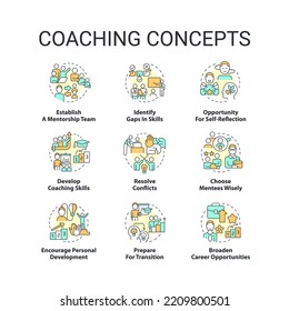 Coaching Concept Icons Set. Mentorship Program Idea Thin Line Color Illustrations. Mentee, Mentor. Career Opportunities. Isolated Symbols. Editable Stroke. Roboto-Medium, Myriad Pro-Bold Fonts Used