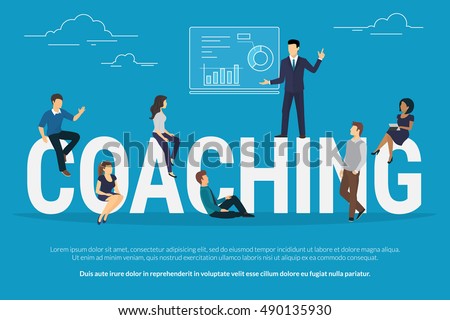 Coaching concept illustration of business people attending the professional training with professional high skilled coach. Flat design of guys and young women sitting on the big letters