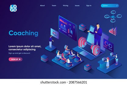 Coaching concept isometric landing page. Team listen to coach at business training, professional development specialist, 3d web banner template. Vector illustration with people scene in flat design