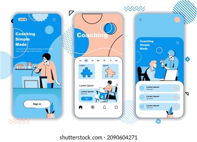 Coaching concept onboarding screens for mobile app templates. Business consultant trains, instructs and motivates. UI, UX, GUI user interface kit with people scenes for web design. Vector illustration