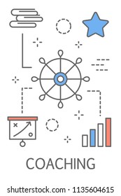 Coaching concept. Teamwork, guidance, education, motivation and improvement. Idea of support and business training. Line icon set with graph, star and books. Isolated vector illustration
