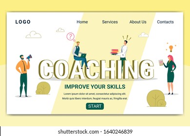 Coaching Courses Landing Page Vector Template. Business Training Classes Website Page Concept with Cartoon Characters. Professional Entrepreneurship School, Educational Webinar Web Banner Layout