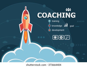 Coaching design and concept background with rocket. Coaching concepts for web banner and printed materials.