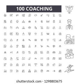 Coaching editable line icons, 100 vector set, collection. Coaching black outline illustrations, signs, symbols