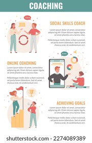 Coaching flat cartoon concept with achieving and social skill training vector illustration