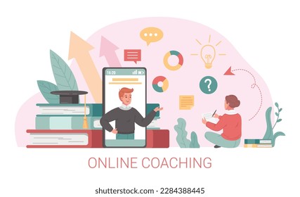 Coaching flat cartoon concept with online training scene vector illustration