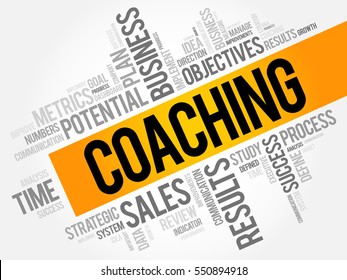 Coaching - form of development in which an experienced person supports a learner in achieving a specific personal or professional goal, word cloud concept background