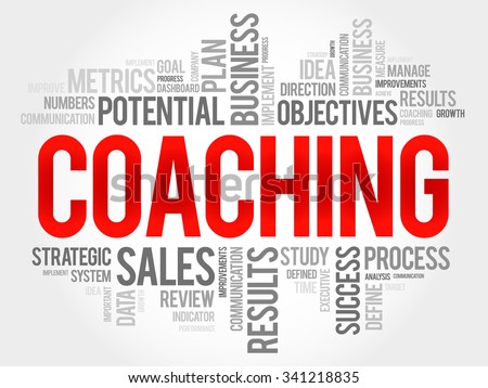 Coaching - form of development in which an experienced person supports a learner in achieving a specific personal or professional goal, word cloud concept background
