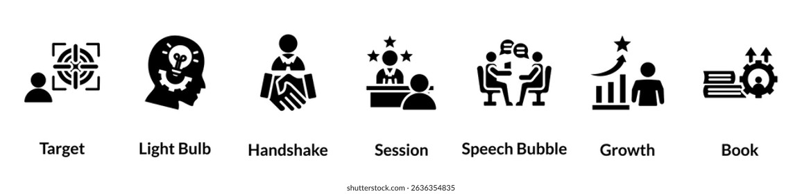 Coaching glyph icon set. target, light bulb, handshake, session, speech bubble, growth, book