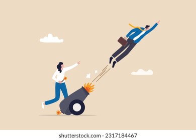 Coaching help boost career advancement, mentor or motivation to boost productivity, help or manager support for career development, entrepreneur launch, woman ignite cannon to launch businessman.