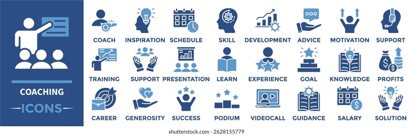 Conjunto de coleta de ícones de coaching. Contendo treinador, inspiração, cronograma, habilidade, desenvolvimento, aconselhamento, motivação e muito mais. Coleção de ícones de vetor sólido