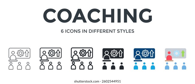 Coaching Icon In Different Style Vector Illustration. Designed In Thin Line, Regular Line, Bold Line, Glyph, Color Fill, And Flat Style Can Be Used For Web