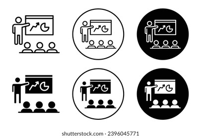 Coaching icon. education seminar or coaching classroom presentation with whiteboard and student seating symbol set. trainer with pupil learning through mentor or teacher by lecture vector line logo