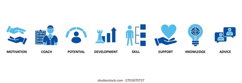 Coaching-Icon-Set In Blue Style Vektorgrafik für Motivation, Coach, Potenzial, Entwicklung, Geschicklichkeit, Unterstützung, Wissen und Beratung