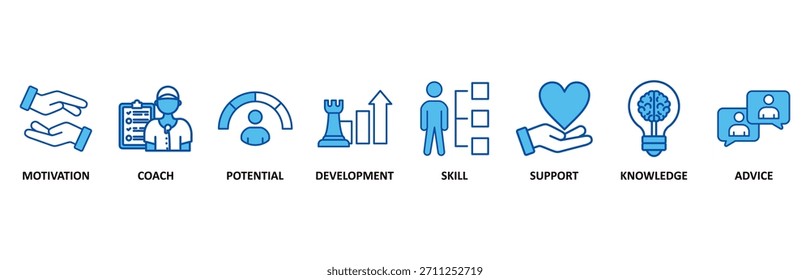 Coaching-Icon-Set In Blue Style Vektorgrafik für Motivation, Coach, Potenzial, Entwicklung, Geschicklichkeit, Unterstützung, Wissen und Beratung