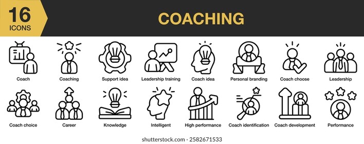 Coaching icon set. Includes coach, training, motivation, person, learning, and More. Outline icons vector collection.