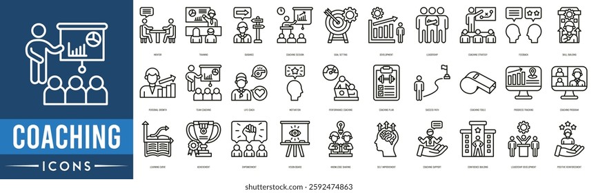 coaching Icon set. Mentor, Training, Guidance, Coaching Session, Goal Setting, Development, Leadership, Coaching Strategy and Feedback