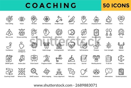 Coaching icons set with goal setting, vision, mindset, self discovery, breakthrough, growth, awareness, empowerment, motivation, clarity icon. Simple line vector 
