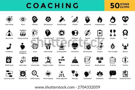 Coaching icons set with goal setting, vision, mindset, self discovery, breakthrough, growth, awareness, empowerment, motivation, clarity icon. Simple glyph vector 

