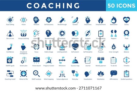 Coaching icons set with goal setting, vision, mindset, self discovery, breakthrough, growth, awareness, empowerment, motivation, clarity icon. Simple flat vector 
