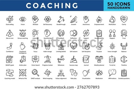 Coaching icons set with goal setting, vision, mindset, self discovery, breakthrough, growth, awareness, empowerment, motivation, clarity icon. Simple handdrawn vector 
