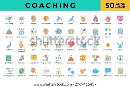 Coaching icons set with goal setting, vision, mindset, self discovery, breakthrough, growth, awareness, empowerment, motivation, clarity icon. Simple flat color vector 
