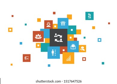 coaching Infographic 10 steps pixel design. support, mentor, skills, training icons