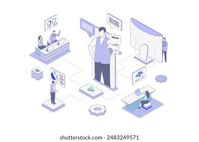Concepto isométrico de coaching en diseño de isometría de contorno para Web. Personas la formación con coach empresarial en conferencias para empleados de la empresa, mejora el rendimiento de ventas con trainer. Ilustración vectorial.