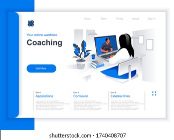 Coaching isometric landing page. Woman watching online webinar with business coach in office situation. Business education and skills development, motivation and mentoring perspective flat design.