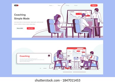 Coaching landing pages set. Business training, motivation and mentoring corporate website. Flat line vector illustration with people characters. Web concept use as header, footer or middle content.