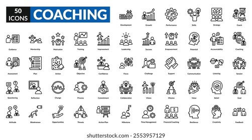 Coaching line icon collection set. Includes mentoring, training, guidance, leadership, support, development, skills, strategy, motivation, improvement, feedback, expertise, learning, success