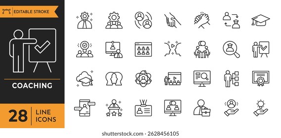 Conjunto de ícones da linha de coaching. Contendo treinamento, orientação, liderança, workshop e muito mais. Traçado editável. Ilustração vetorial