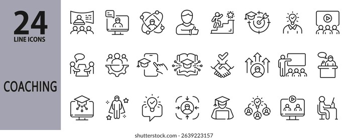 Coaching line icons set with Training, Education, E-Learning, Mentorship, Skills, Speaker and more. Editable Stroke