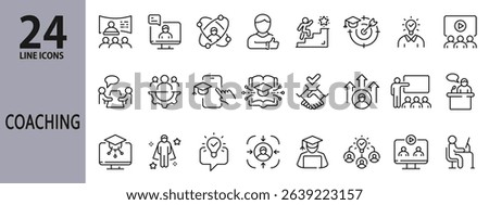 Coaching line icons set with Training, Education, E-Learning, Mentorship, Skills, Speaker and more. Editable Stroke