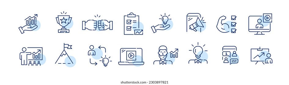 Coaching and mentoring. Business success strategies. Pixel perfect, editable stroke line icons set