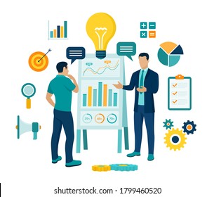 Coaching and mentoring concept. Business advise or consultation service. Businessman with personal mentor and business trainer discussing business strategy. Training courses. Vector illustration.