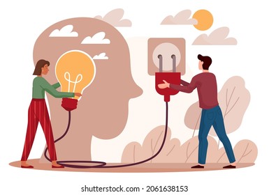 Coaching and mentoring concept. Man helps woman in solving various personal problems. Clear head. Consultation and advice from tutor. Cartoon flat vector illustration isolated on white background