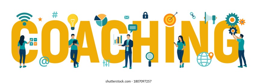 Coaching and mentoring concept. Personal development. Education and e-learning. Webinar, online training courses. Corporate Education. Company Workshop. Vector Illustration with icons and characters.