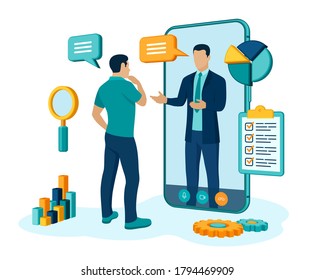 Coaching and mentoring concept. Video call to coach through the application on the smartphone. Online business advise or consultation service. Webinar, online training courses. Vector illustration.