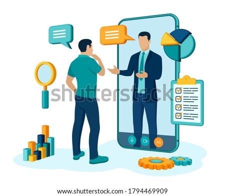 Coaching and mentoring concept. Video call to coach through the application on the smartphone. Online business advise or consultation service. Webinar, online training courses. Vector illustration.