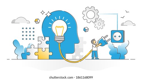 Coaching and mentoring guide for personal growth goal advice outline concept. Tutor support with potential planning, approach help and motivation learning vector illustration. AHA moment or idea scene