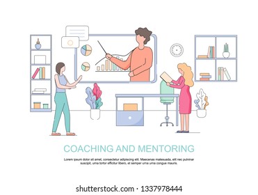 Coaching and Mentoring Horizontal Banner with Copy Space. Office People Watch Economic Seminar Online. Coach Conducting Busines Video Presentation for Employees Linear Cartoon Flat Vector Illustration