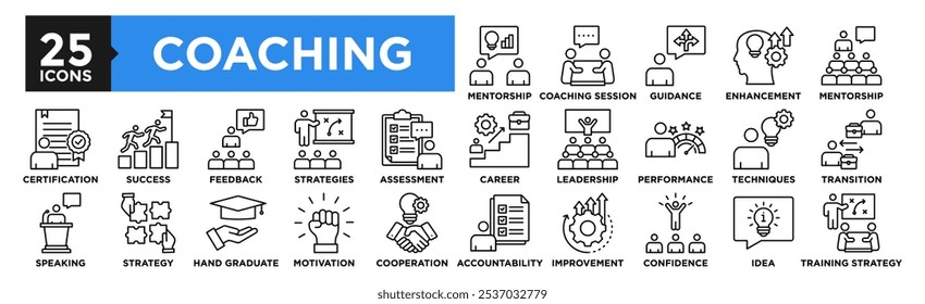 Coaching and Mentoring icon collection set. Containing design business, career, training, mentor, coach, strategy, success