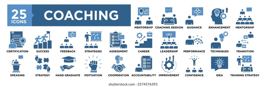 Coaching and Mentoring icon collection set. Containing design business, career, training, mentor, coach, strategy, success	