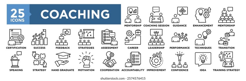 Coaching and Mentoring icon collection set. Containing design business, career, training, mentor, coach, strategy, success	