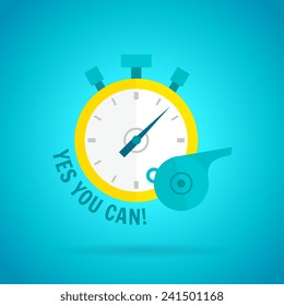 Coaching poster flat with stopwatch and motivation letters vector illustration