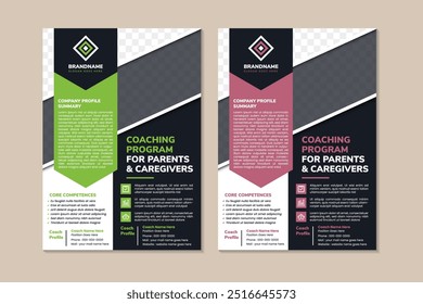 Programa de coaching para padres y cuidadores Plantilla de folleto de Vector plano. Folleto, folleto, diseño de folleto imprimible con espacio para la foto. Página de revista, informes, carteles de infografía con espacio de texto