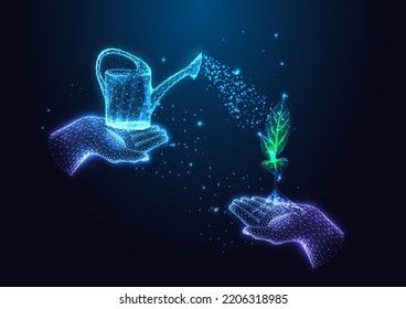 Coaching, Psychotherapy, Personal Growth Concept. Futuristic Hands Holding Watering Can And Plant