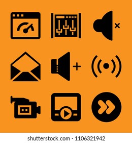 coaching, round, transmission, loudspeaker, restaurant and correspondence icon vector set. Flat vector design with filled icons. Designed for web and software interfaces